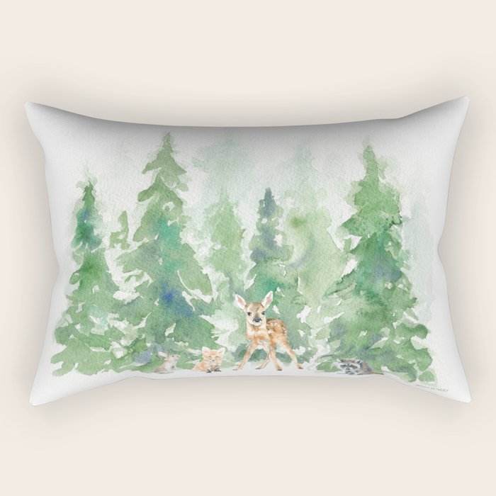 Pine Trees and Woodland Animals Watercolor Rectangular Pillow Gallery Image 2