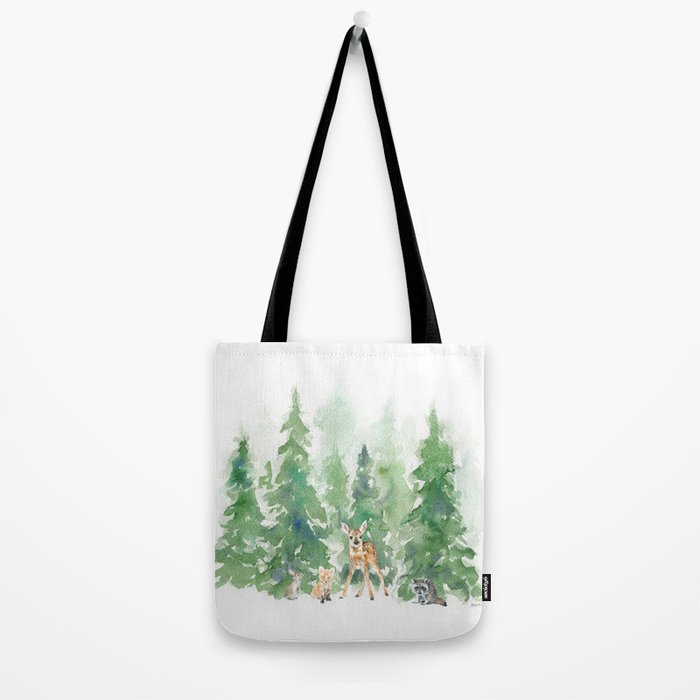 Pine Trees and Woodland Animals Watercolor Tote Bag Gallery Image 2