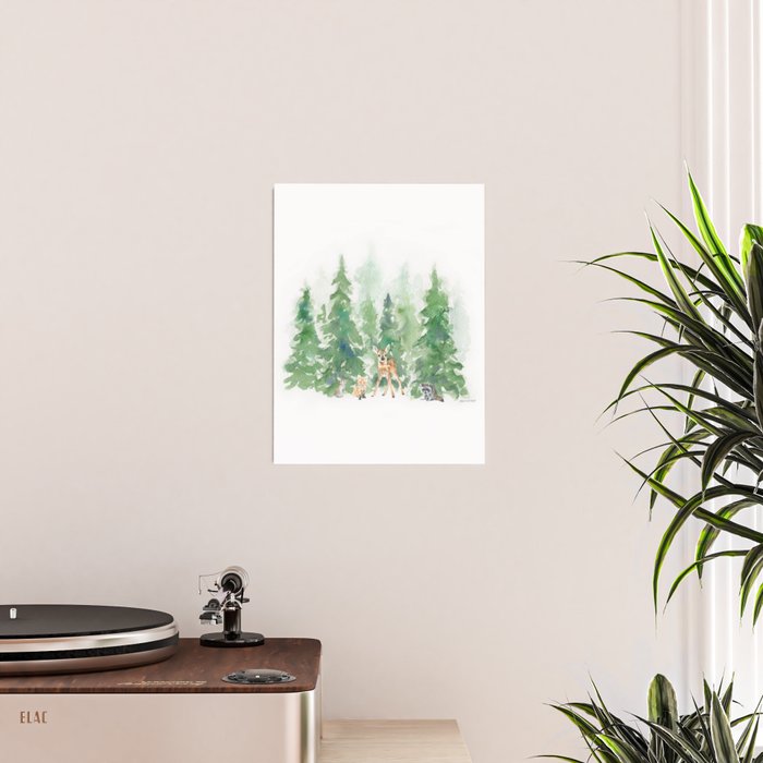 Pine Trees and Woodland Animals Watercolor Poster Gallery Image 2