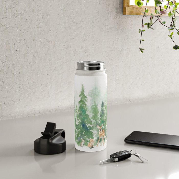 Pine Trees and Woodland Animals Watercolor Water Bottle Gallery Image 4