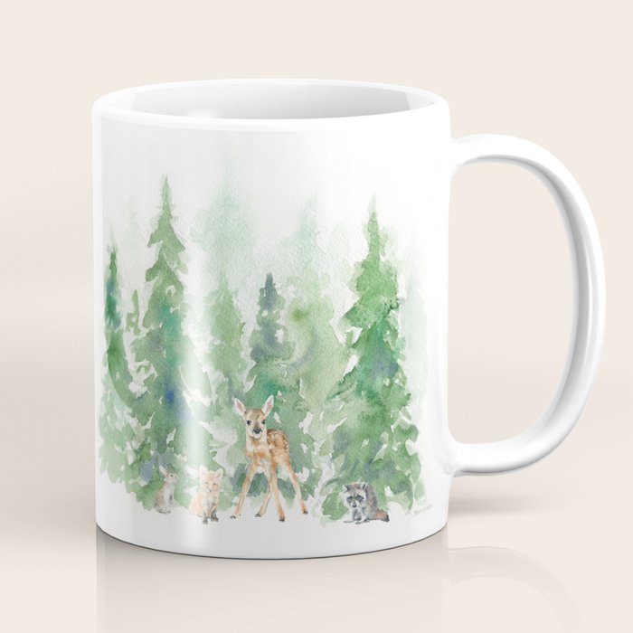 Pine Trees and Woodland Animals Watercolor Coffee Mug