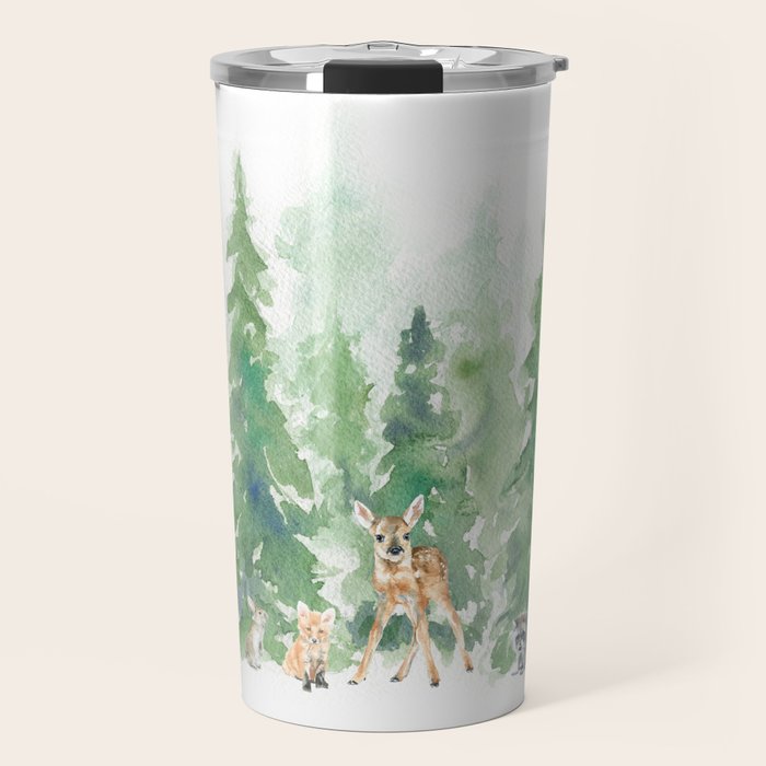 Pine Trees and Woodland Animals Watercolor Travel Mug Gallery Image 1