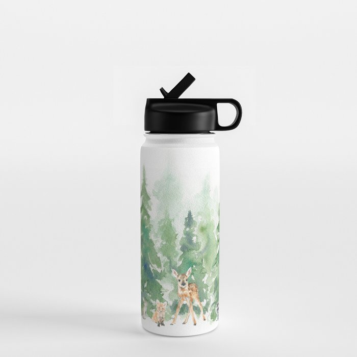 Pine Trees and Woodland Animals Watercolor Water Bottle Gallery Image 1