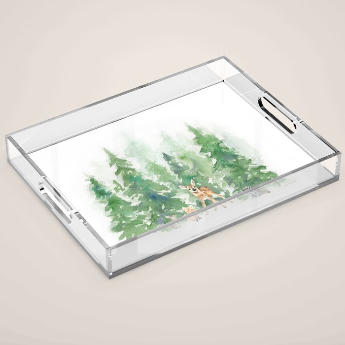 Pine Trees and Woodland Animals Watercolor Acrylic Tray Gallery Image 1