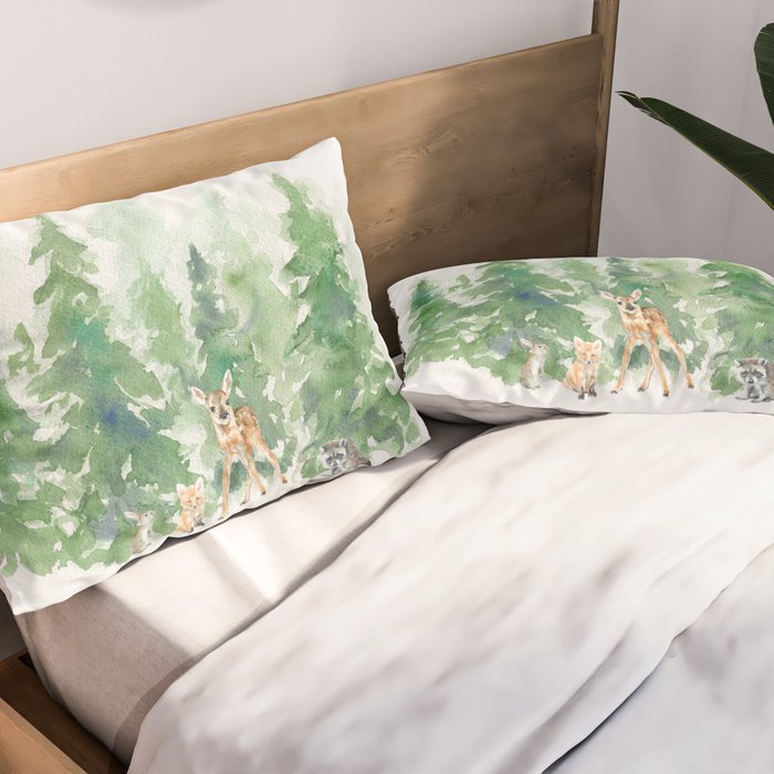 Pine Trees and Woodland Animals Watercolor Pillow Sham Gallery Image 2