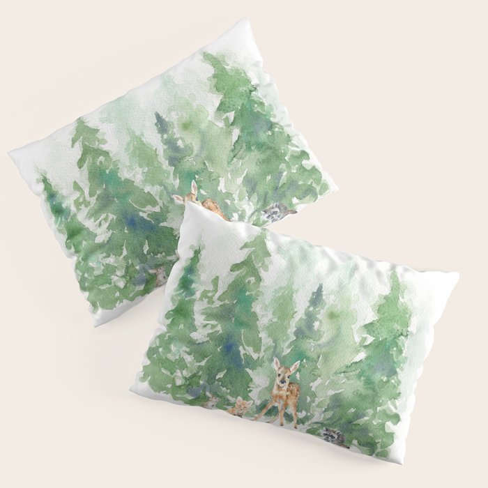 Pine Trees and Woodland Animals Watercolor Pillow Sham Gallery Image 1