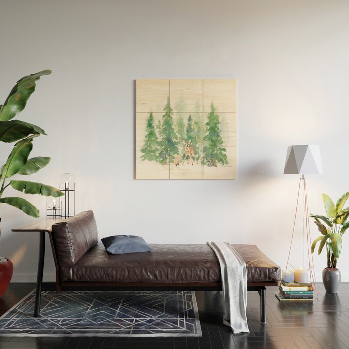 Pine Trees and Woodland Animals Watercolor Wood Wall Art Gallery Image 2