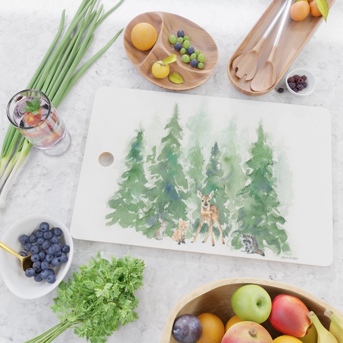 Pine Trees and Woodland Animals Watercolor Cutting Board Gallery Image 2