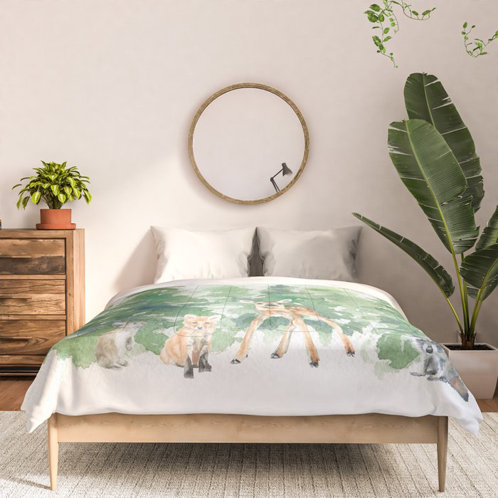 Pine Trees and Woodland Animals Watercolor Comforter Gallery Image 3