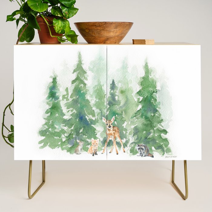 Pine Trees and Woodland Animals Watercolor Credenza Gallery Image 1