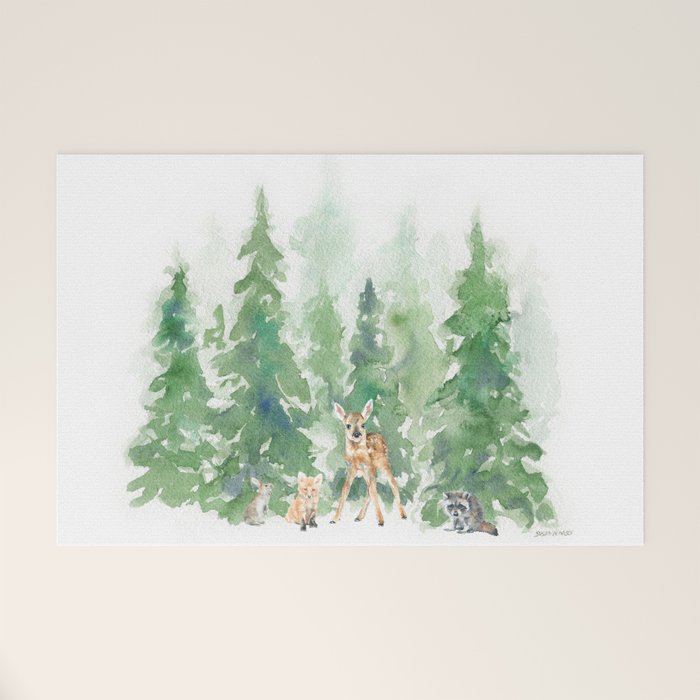 Pine Trees and Woodland Animals Watercolor Welcome Mat Gallery Image 1