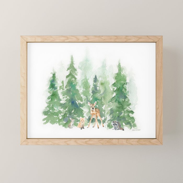 Pine Trees and Woodland Animals Watercolor Mini Art Print Gallery Image 1
