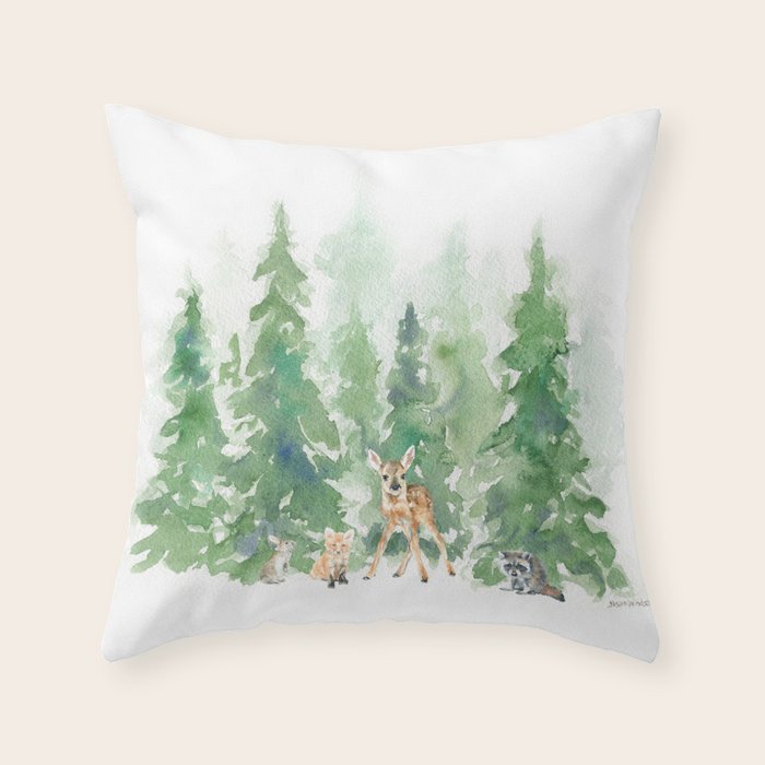 Pine Trees and Woodland Animals Watercolor Throw Pillow Gallery Image 1