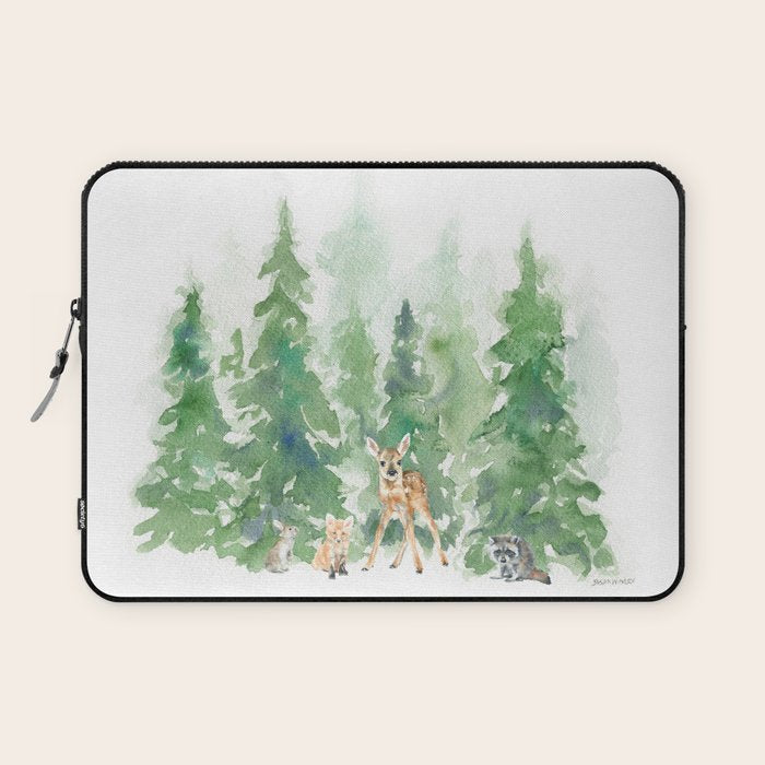 Pine Trees and Woodland Animals Watercolor Laptop Sleeve Gallery Image 1