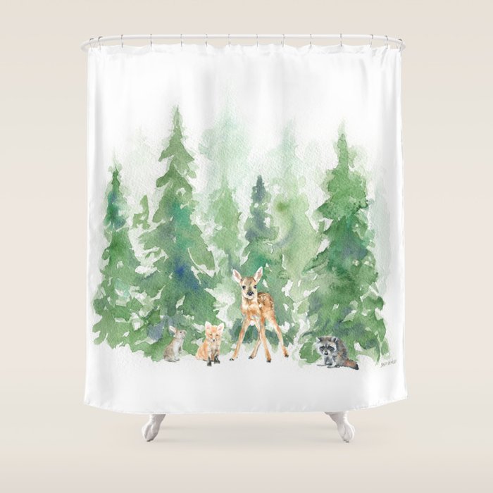 Pine Trees and Woodland Animals Watercolor Shower Curtain Gallery Image 1