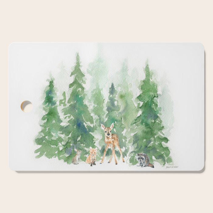 Pine Trees and Woodland Animals Watercolor Cutting Board Gallery Image 1