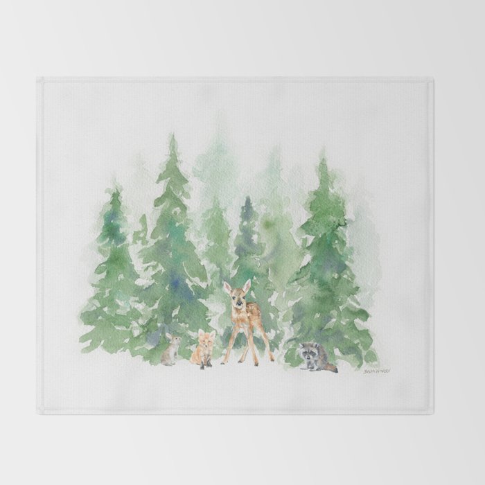 Pine Trees and Woodland Animals Watercolor Throw Blanket Gallery Image 2