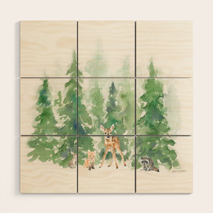 Pine Trees and Woodland Animals Watercolor Wood Wall Art Gallery Image 1