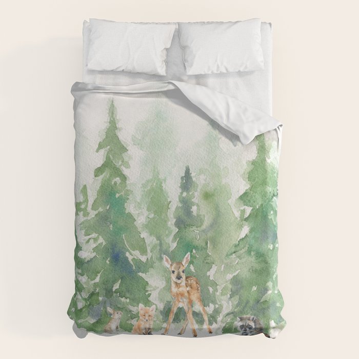 Pine Trees and Woodland Animals Watercolor Duvet Cover Gallery Image 6