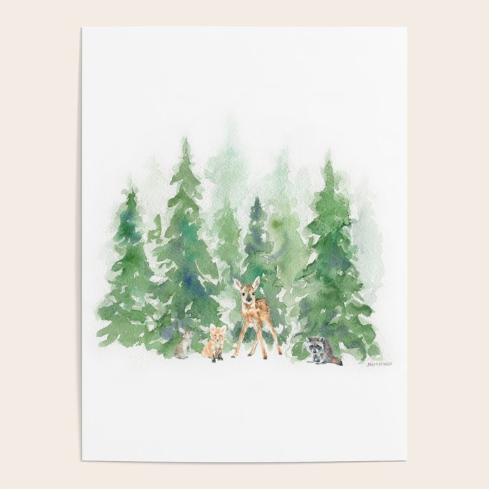 Pine Trees and Woodland Animals Watercolor Poster Gallery Image 1