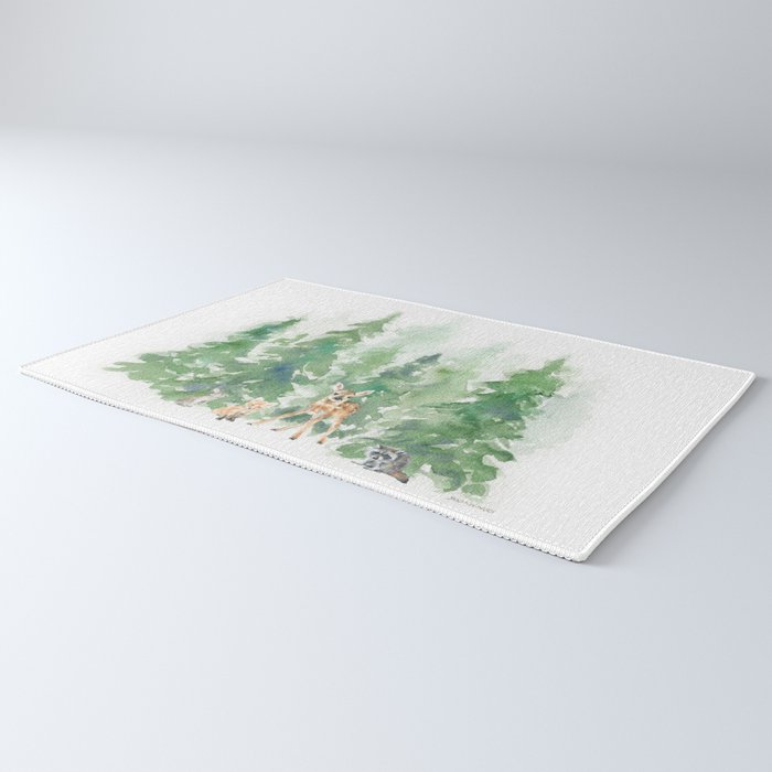 Pine Trees and Woodland Animals Watercolor Rug Gallery Image 3