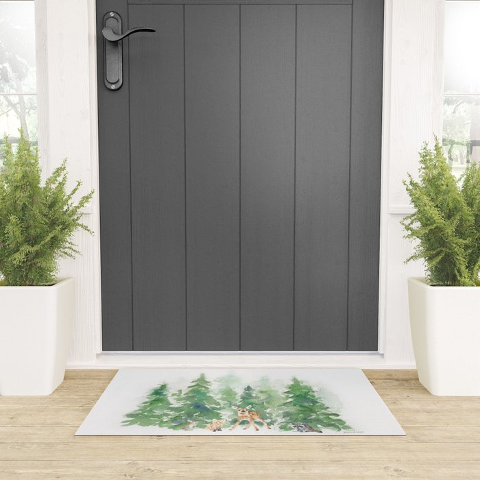 Pine Trees and Woodland Animals Watercolor Welcome Mat Gallery Image 3