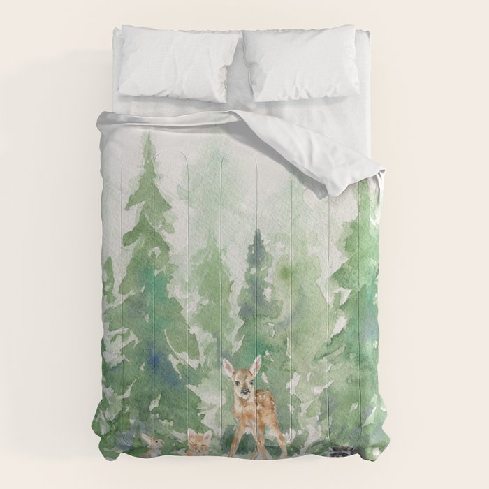 Pine Trees and Woodland Animals Watercolor Comforter Gallery Image 6