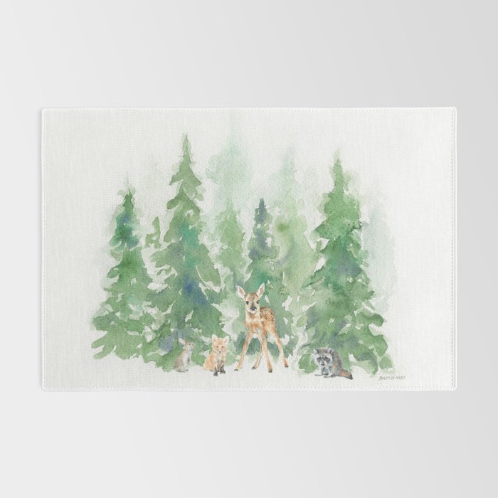 Pine Trees and Woodland Animals Watercolor Rug Gallery Image 2