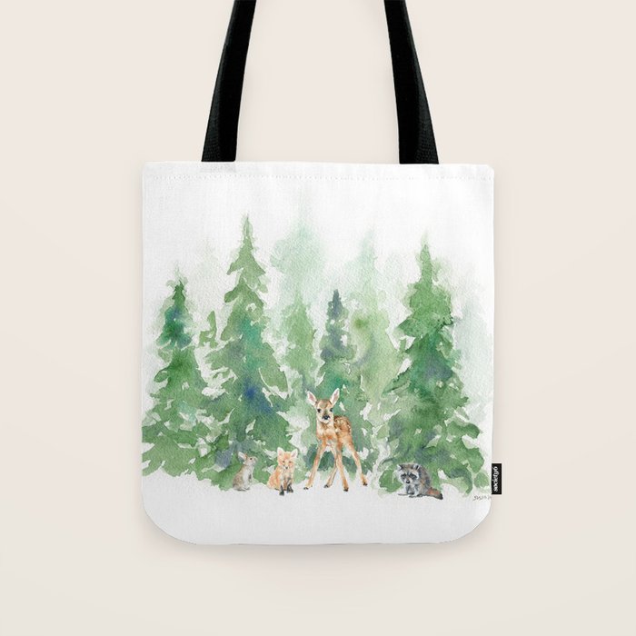 Pine Trees and Woodland Animals Watercolor Tote Bag Gallery Image 1