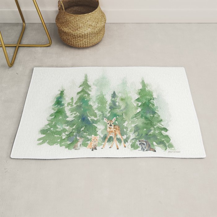 Pine Trees and Woodland Animals Watercolor Rug Gallery Image 1