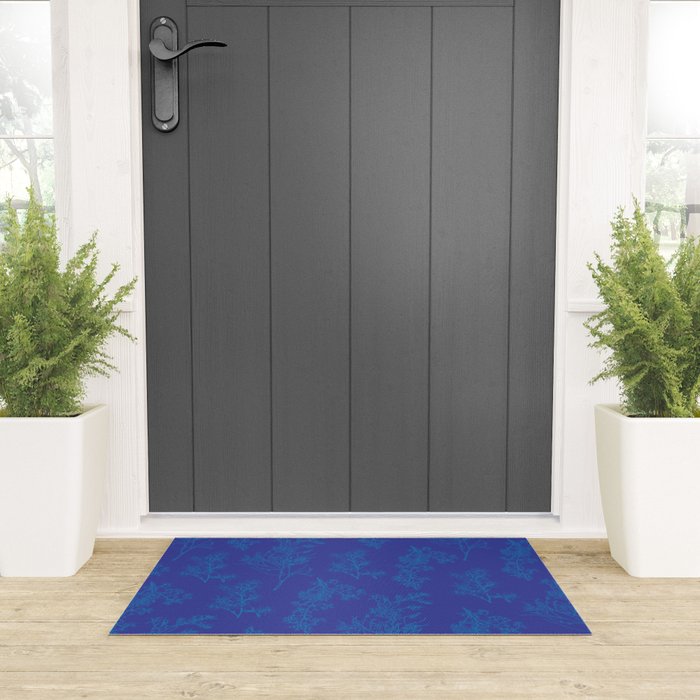 Botanical Cottage Floral Pattern in Bold Blue Tones Welcome Mat Gallery Image 3