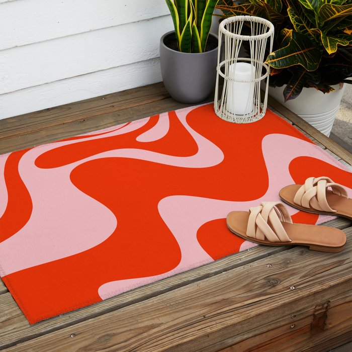 Retro Liquid Swirl Abstract 2 in Bold Red-Orange and Pink Outdoor Rug Gallery Image 2