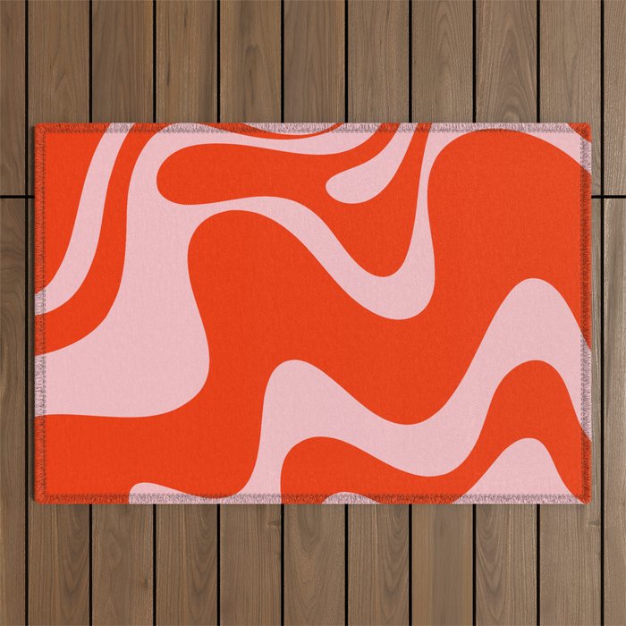 Retro Liquid Swirl Abstract 2 in Bold Red-Orange and Pink Outdoor Rug Gallery Image 1
