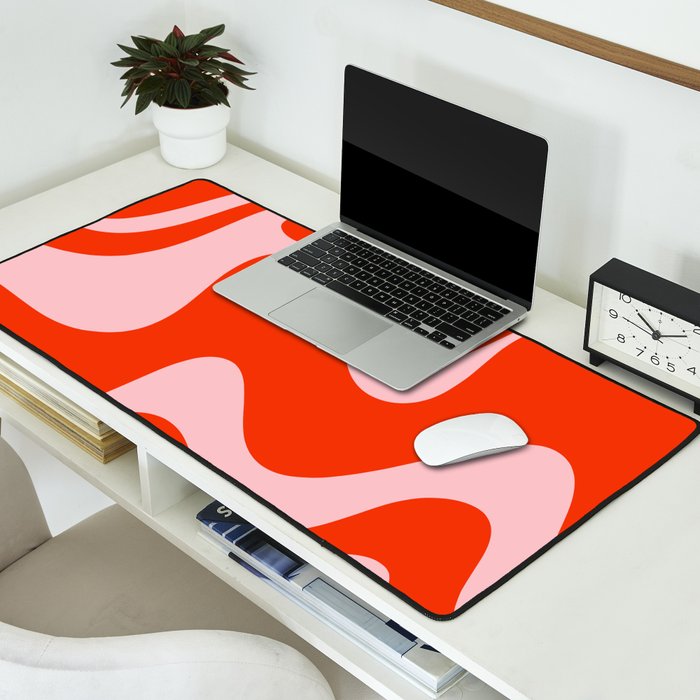 Retro Liquid Swirl Abstract 2 in Bold Red-Orange and Pink Desk Mat Gallery Image 2