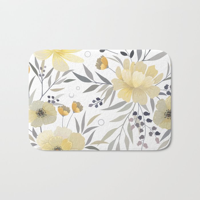 Modern, Floral Prints, Yellow, Gray and White Bath Mat Gallery Image 1