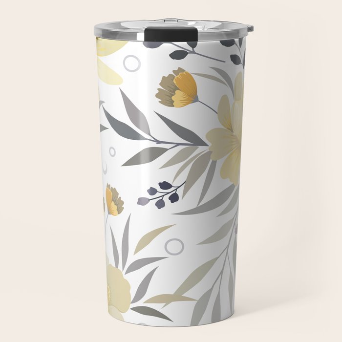 Modern, Floral Prints, Yellow, Gray and White Travel Mug Gallery Image 1