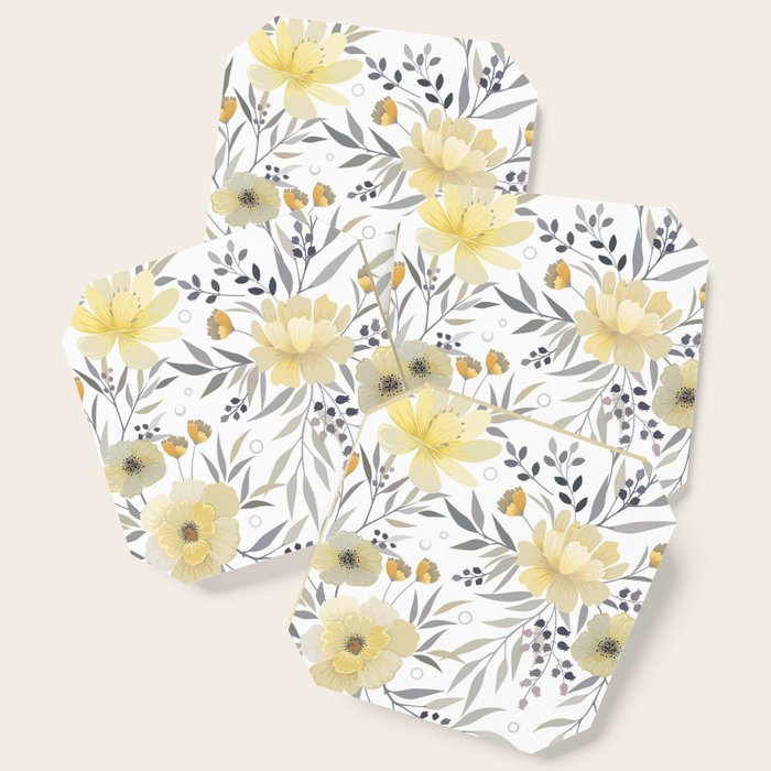 Modern, Floral Prints, Yellow, Gray and White Coaster Gallery Image 1