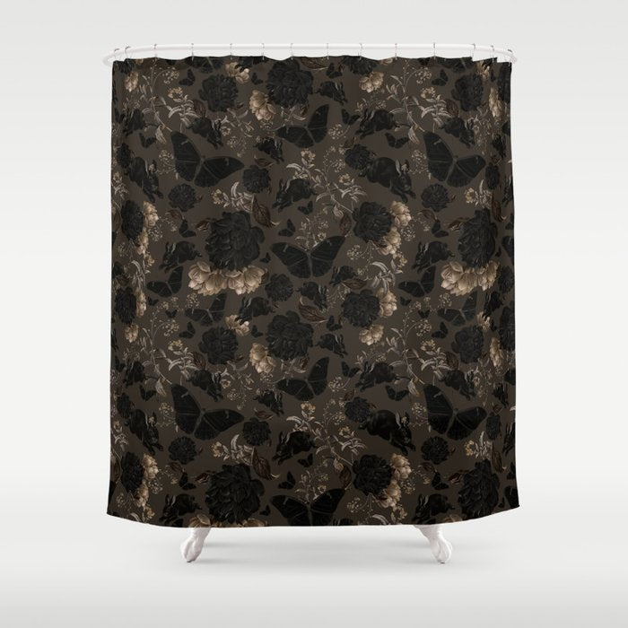 Maximalist Dark Moody Gothic Girl Flowers And Moths Shower Curtain Gallery Image 1
