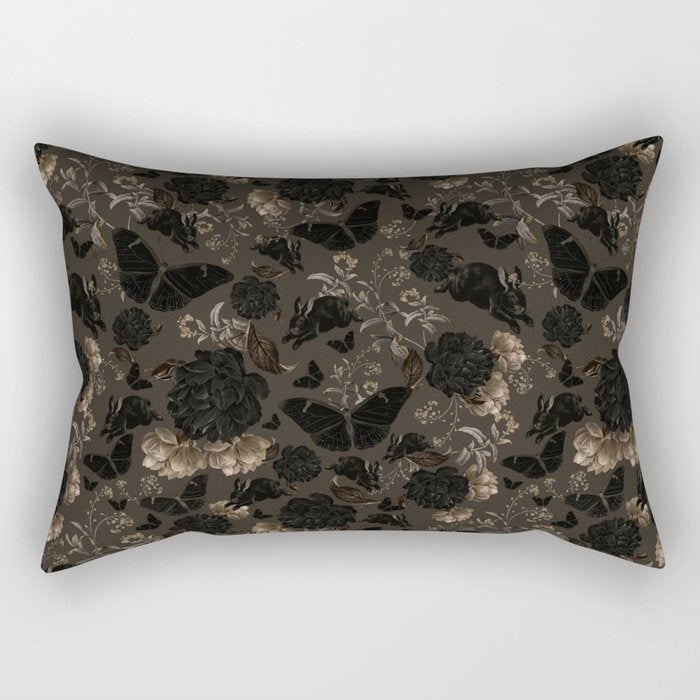 Maximalist Dark Moody Gothic Girl Flowers And Moths Rectangular Pillow Gallery Image 2