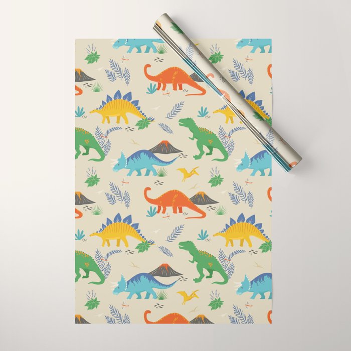 Jurassic Dinosaurs in Primary Colors Wrapping Paper Gallery Image 1