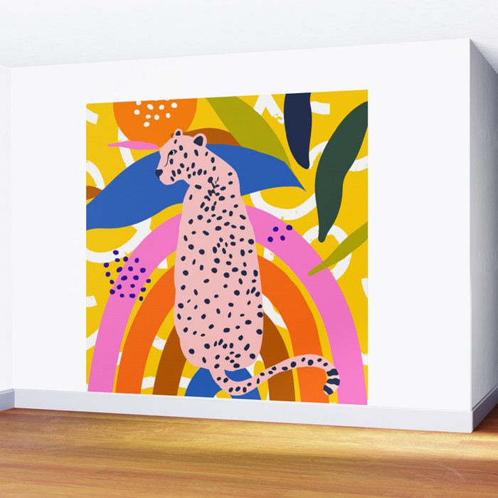 Leopard Somewhere Over The Rainbow, Maximalist Abstract Wildlife Jungle Botanical, Pop of Color Eclectic Animals Illustration  Wall Mural Gallery Image 2