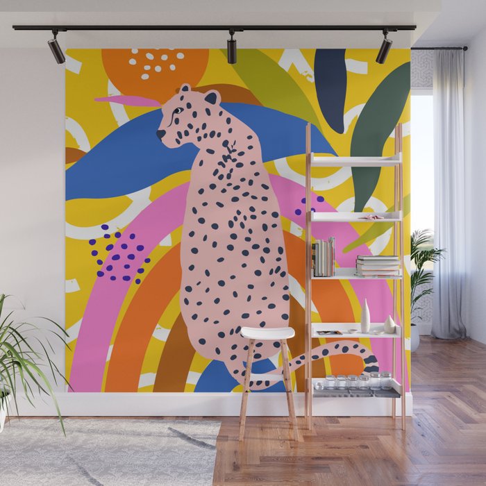Leopard Somewhere Over The Rainbow, Maximalist Abstract Wildlife Jungle Botanical, Pop of Color Eclectic Animals Illustration  Wall Mural Gallery Image 1