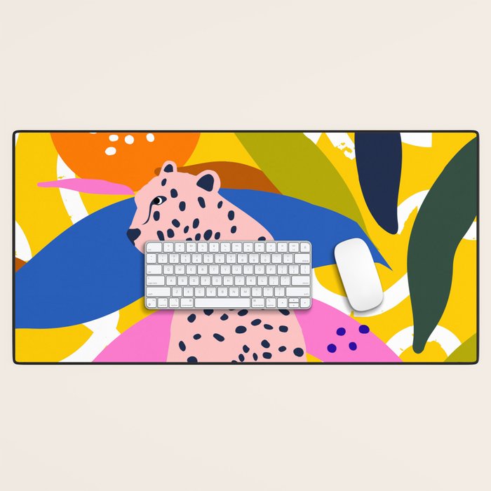 Leopard Somewhere Over The Rainbow, Maximalist Abstract Wildlife Jungle Botanical, Pop of Color Eclectic Animals Illustration  Desk Mat Gallery Image 1