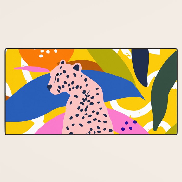 Leopard Somewhere Over The Rainbow, Maximalist Abstract Wildlife Jungle Botanical, Pop of Color Eclectic Animals Illustration  Desk Mat Gallery Image 3