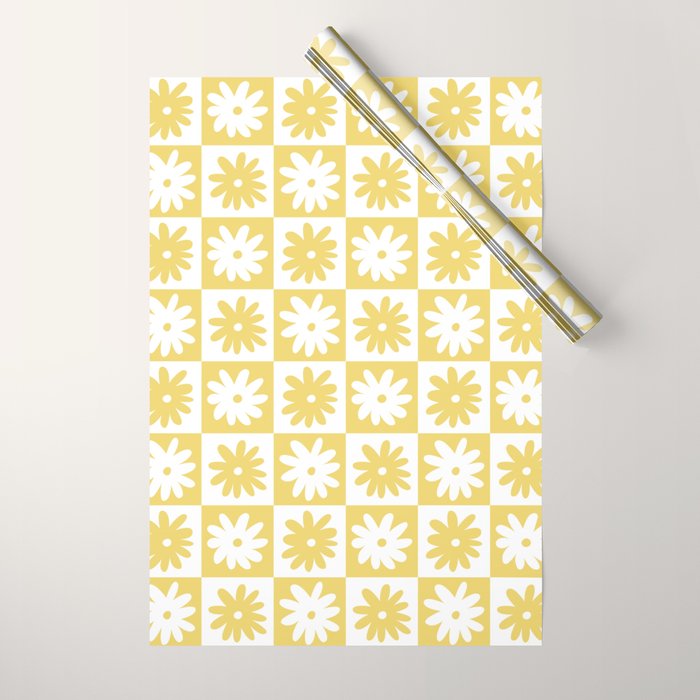 Yellow And White Checkered Flower Pattern Wrapping Paper Gallery Image 1