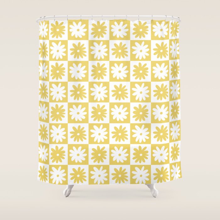 Yellow And White Checkered Flower Pattern Shower Curtain Gallery Image 1