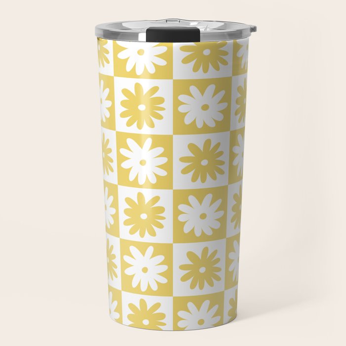 Yellow And White Checkered Flower Pattern Travel Mug Gallery Image 1