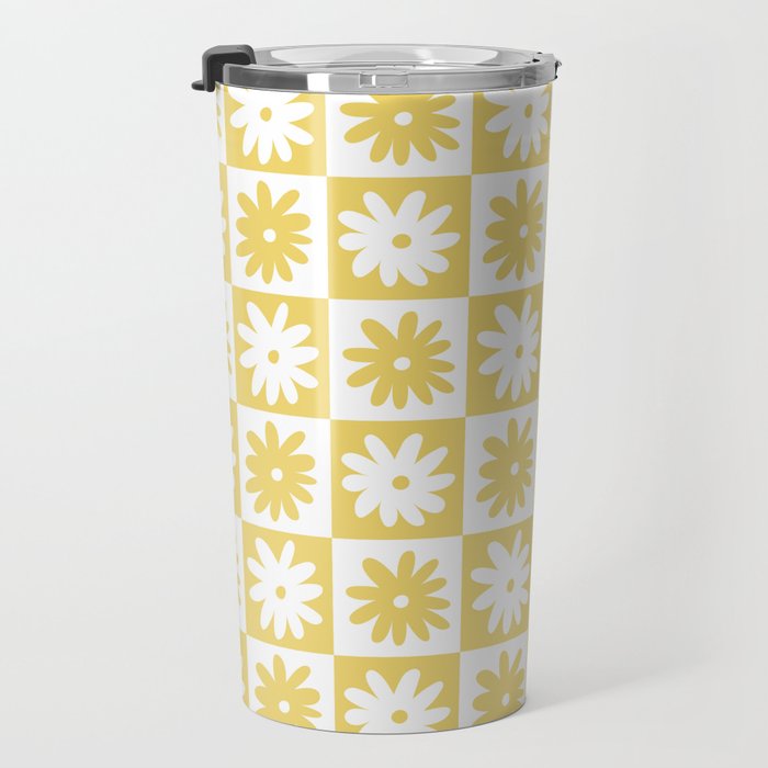 Yellow And White Checkered Flower Pattern Travel Mug Gallery Image 3