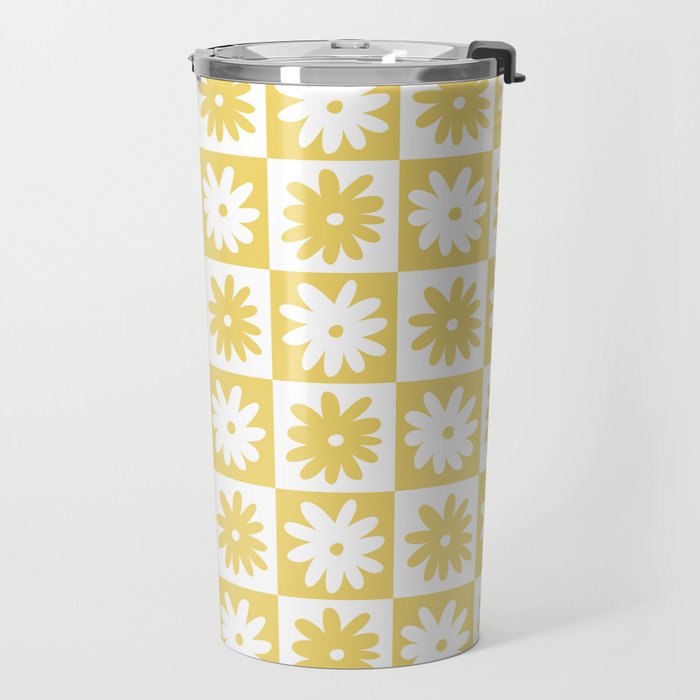 Yellow And White Checkered Flower Pattern Travel Mug Gallery Image 2