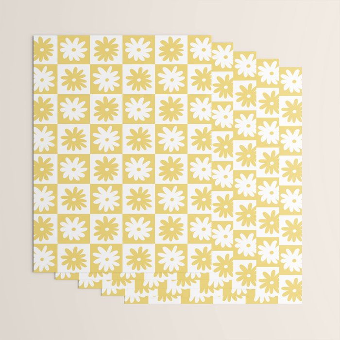 Yellow And White Checkered Flower Pattern Wrapping Paper Gallery Image 3